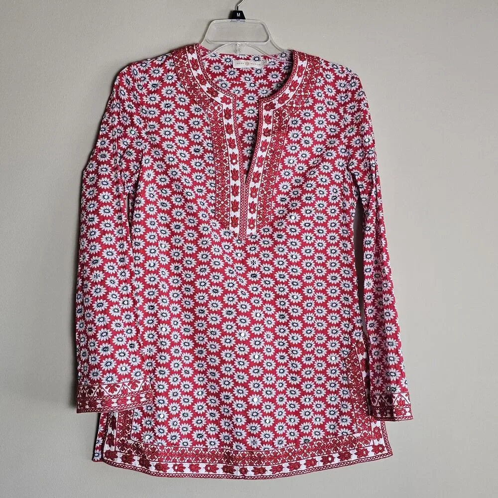 Tory Burch Jayne Nantucket Red Daisy Floral Embroidered Cotton Tunic Womens Sz 2